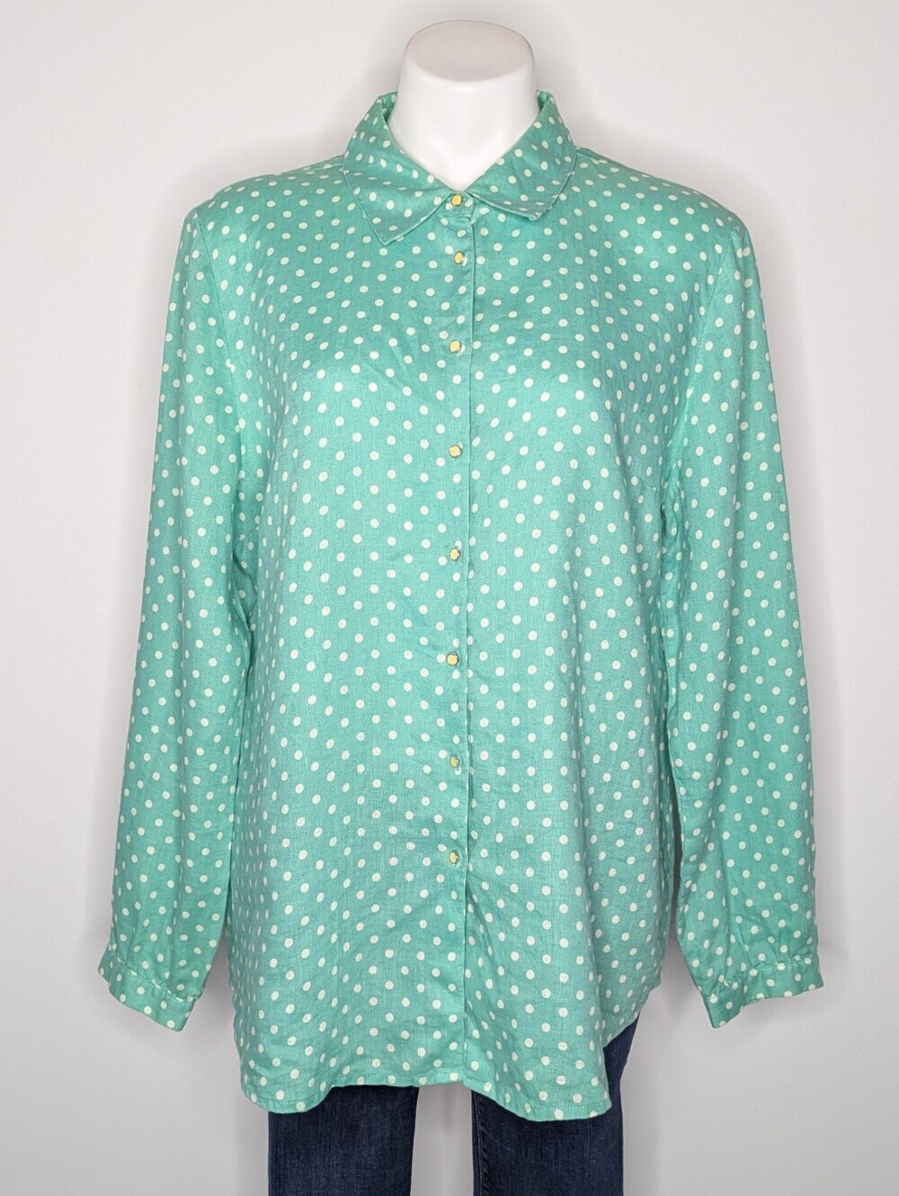 Soft Surroundings Green/Blue White Polka Dot Linen Long Sleeve Button Up Shirt L